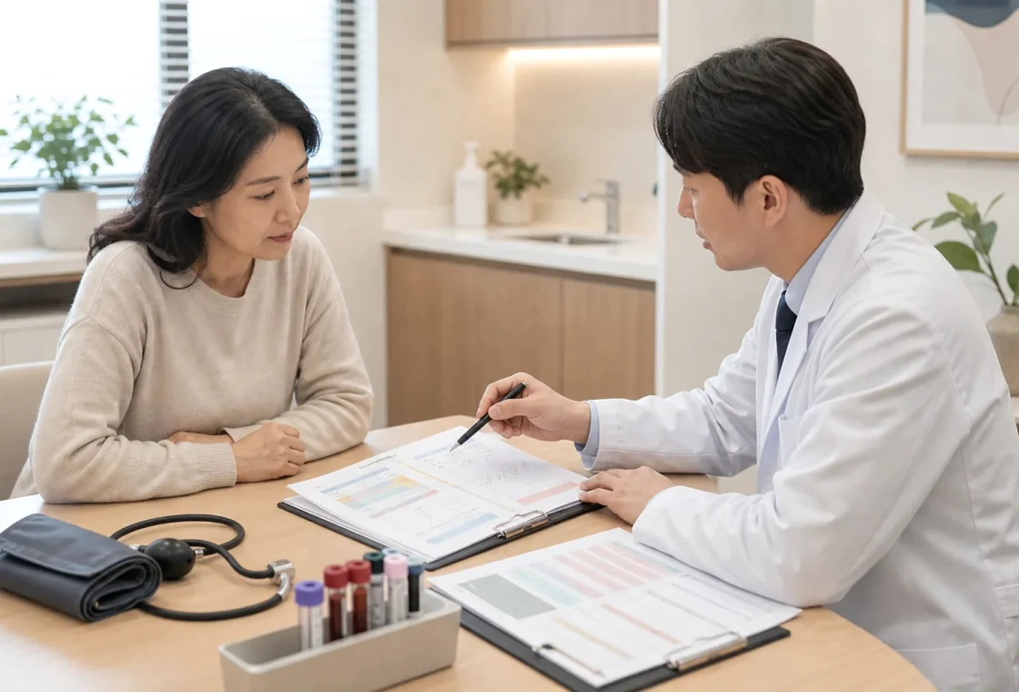 눈꺼풀 떨림 진료 체크포인트에서 증상 기록과 확인 자료를 함께 보는 장면