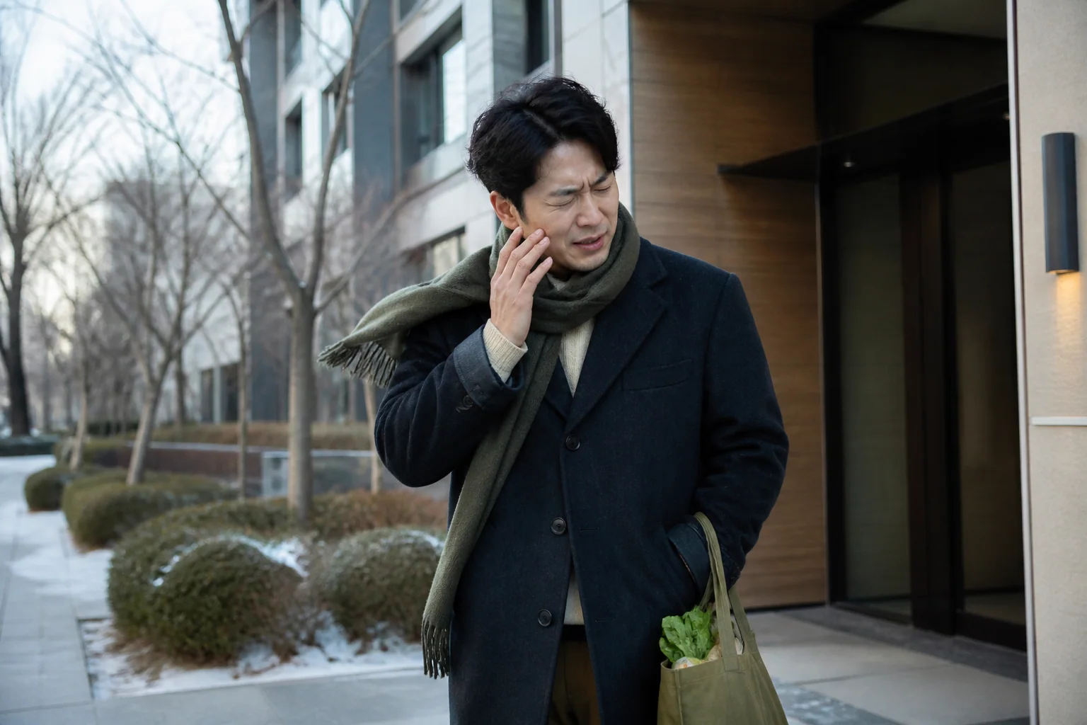 찬바람에 얼굴 한쪽으로 전기 같은 통증이 시작된 한국인 남성 한 명이 장보기를 마치고 귀가하던 길을 멈춘 생활 장면