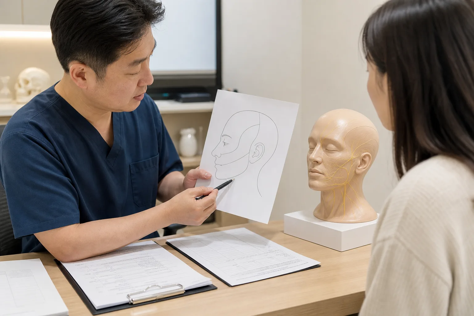 한국인 의료진이 안면신경통 상담에서 얼굴 신경 분포 자료와 문진 기록을 확인하는 장면
