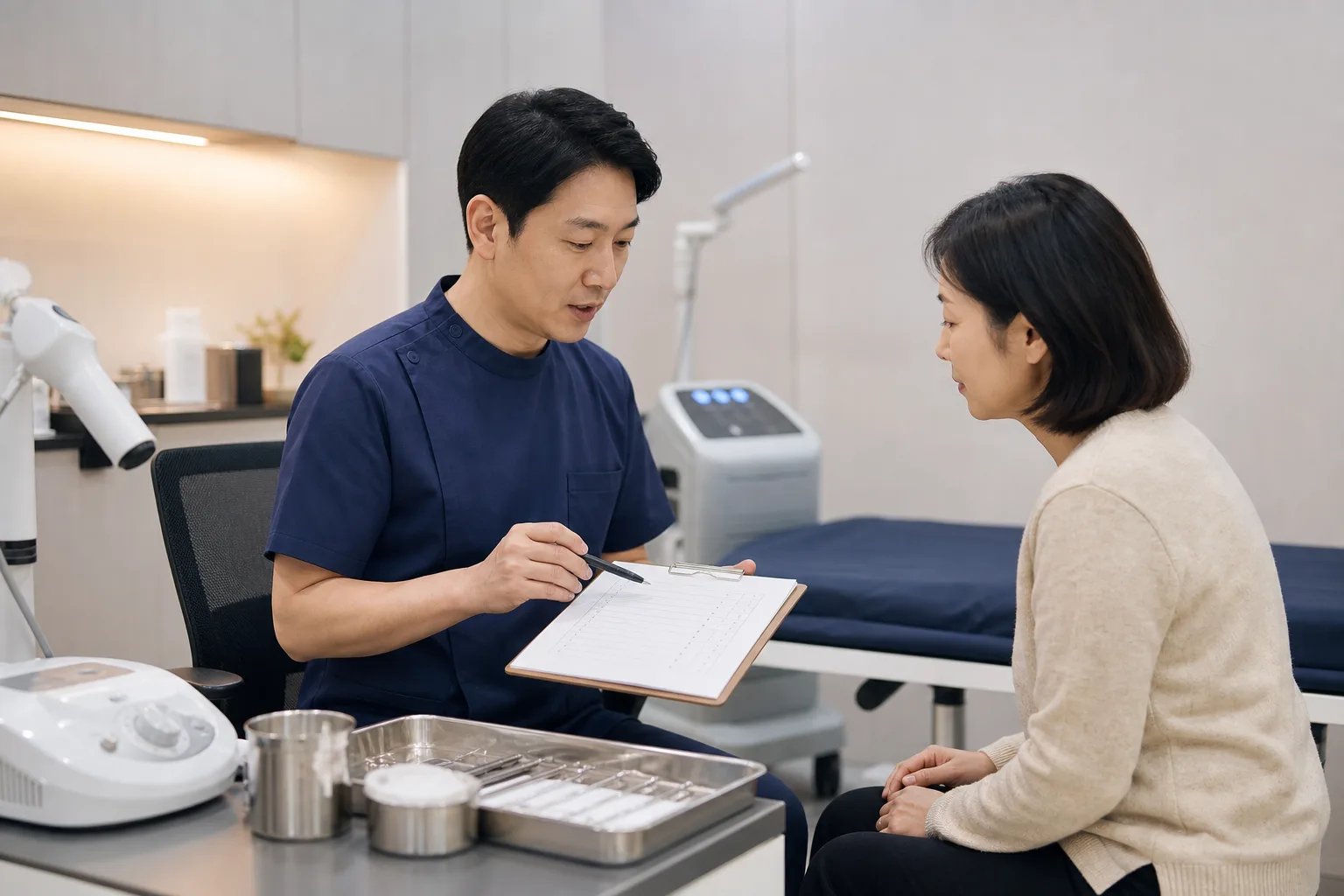 안면신경통 치료계획표와 회복 지표 기록, 침 치료 도구와 온열 장비가 준비된 실제 한의원 치료환경 사진
