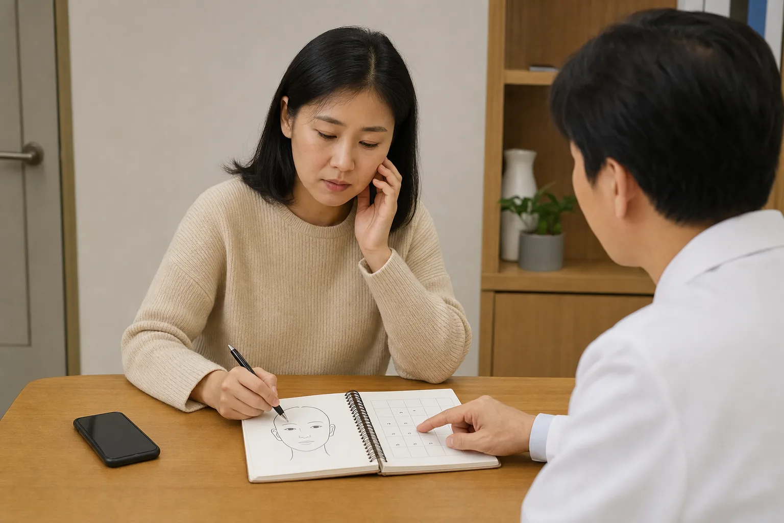한국인 환자가 안면신경통 유발 자극과 통증 시간을 국내 한의원 상담 공간에서 기록하는 장면