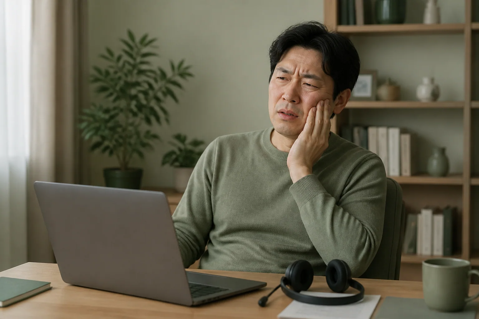 얼굴 한쪽 통증과 저림·화끈거림으로 대화를 이어가기 어려운 한국인 남성 한 명이 집 영상 대화를 멈춘 생활 장면