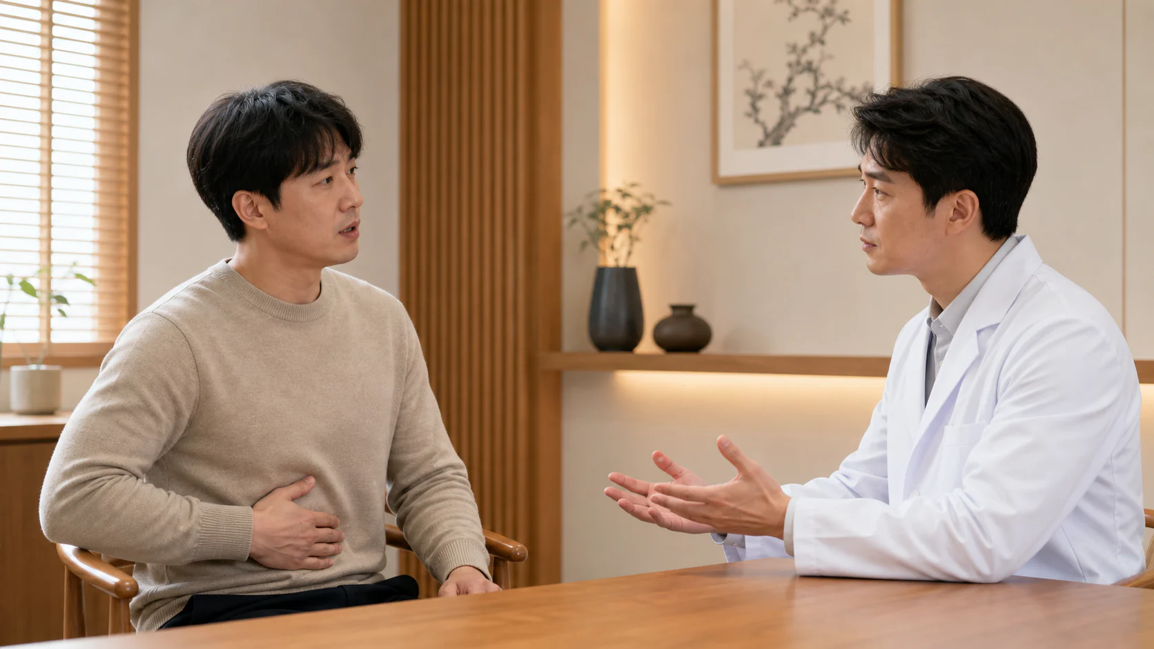 지방간으로 겪는 불편을 상담하는 환자와 의료진