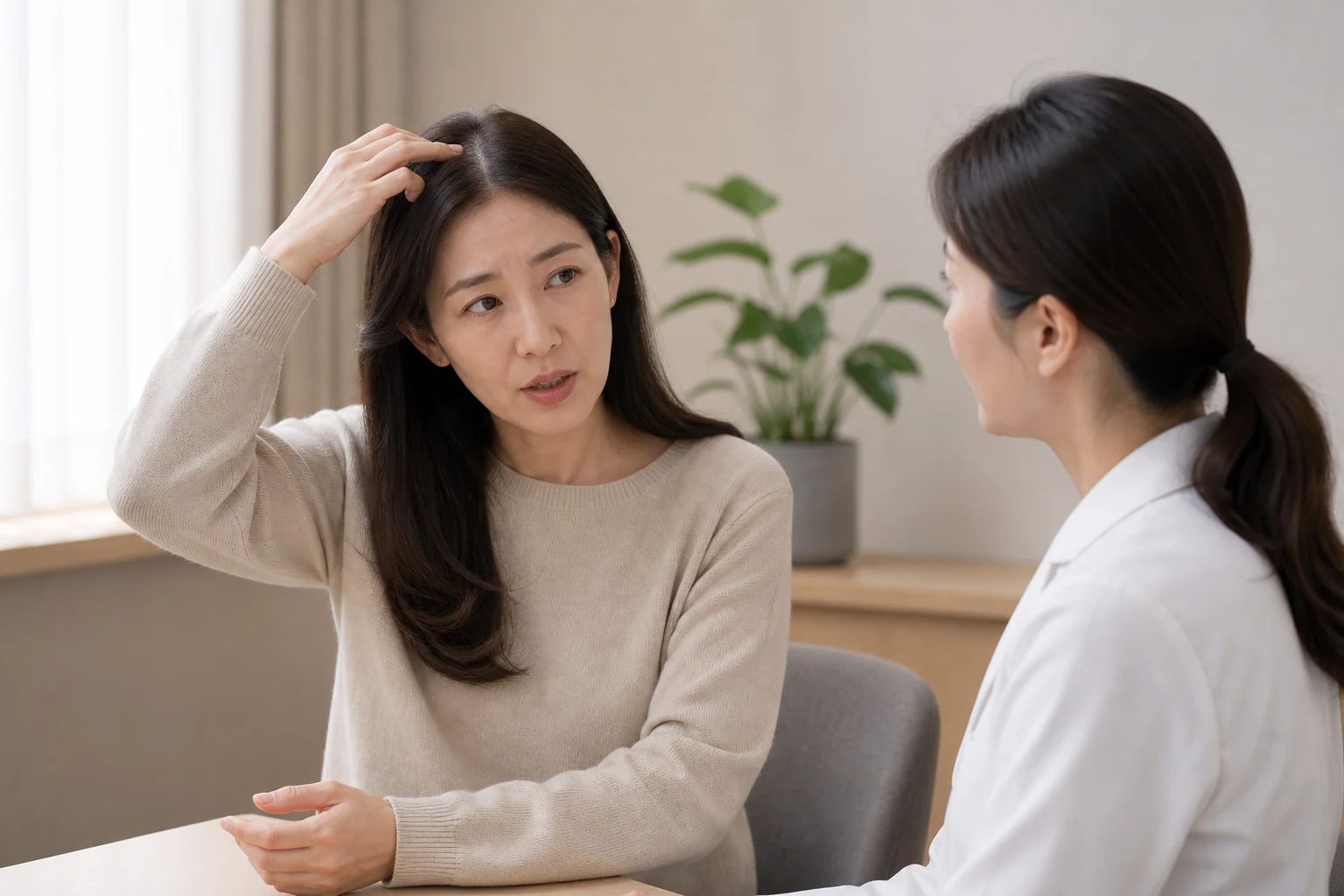 가르마의 변화를 의료진에게 설명하는 여성 환자