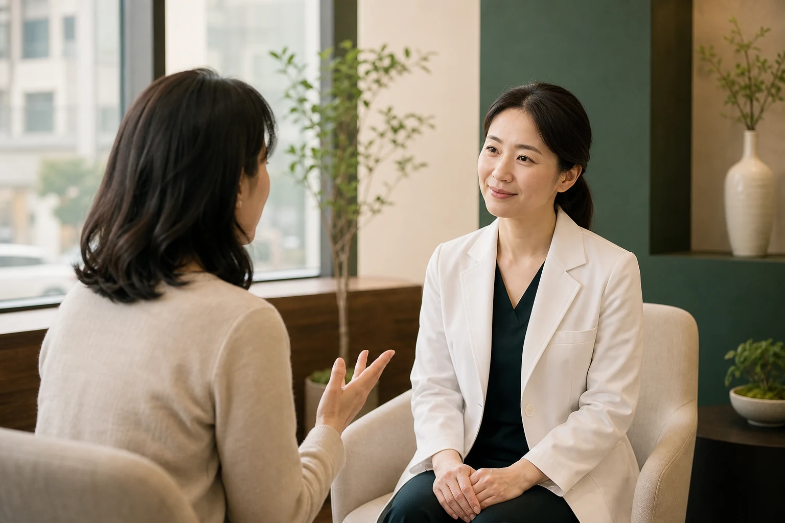 배뇨 시 따가움과 분비물처럼 말하기 조심스러운 여성요도염 증상을 의료진에게 상담하는 장면
