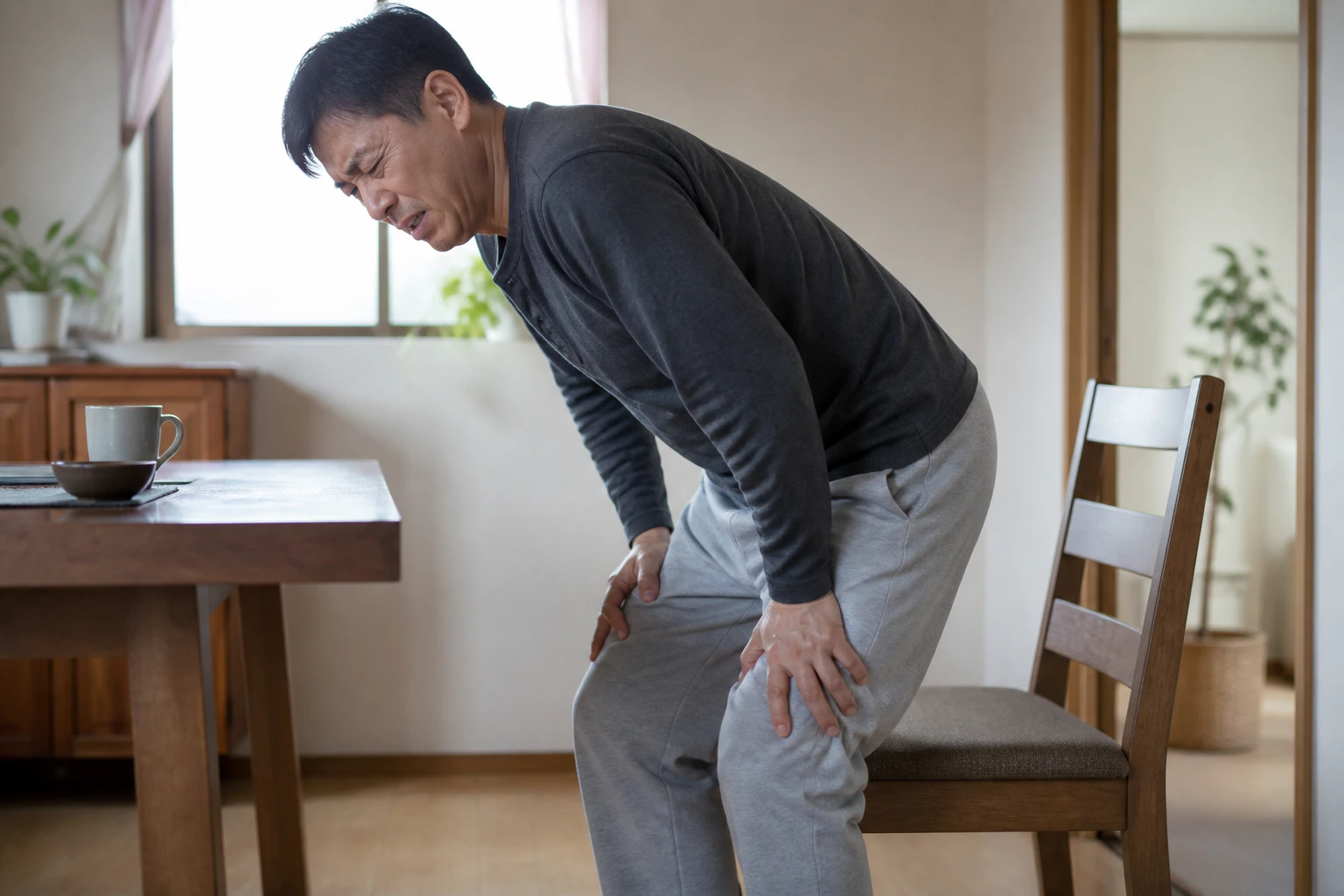 허벅지 앞쪽으로 타는 듯한 통증이 내려와 식탁 의자에서 일어나다 멈춘 한국인 남성 한 명의 장면