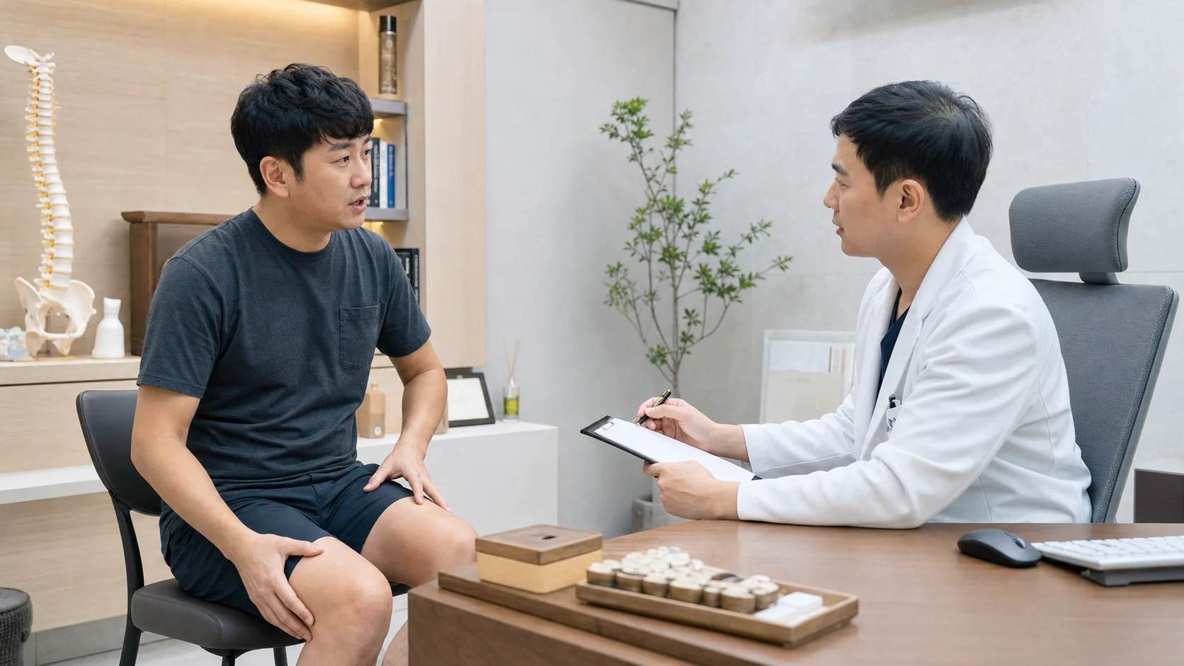 대퇴신경통으로 앞허벅지 통증과 무릎 힘 빠짐을 상담실에서 설명하는 장면