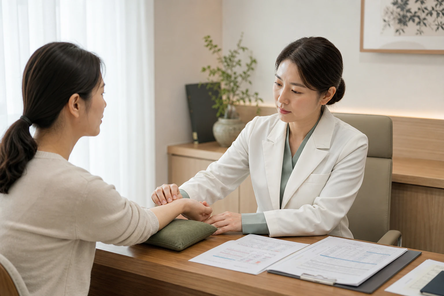 40대 한국인 여성 환자의 월경 기록과 난소기능 검사표를 확인한 여성 한의사가 손목 맥을 짚는 진료 장면