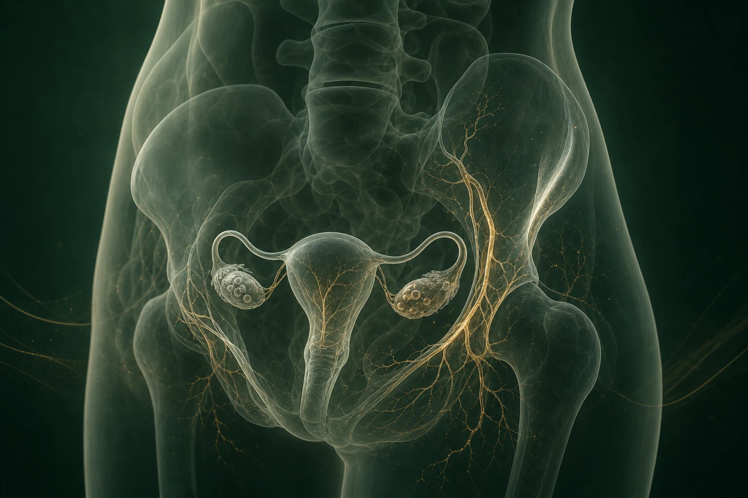 난소기능저하의 원인과 변화가 여성 생식기관과 관련 신호에 미치는 관계를 보여 주는 질환별 의료 렌더