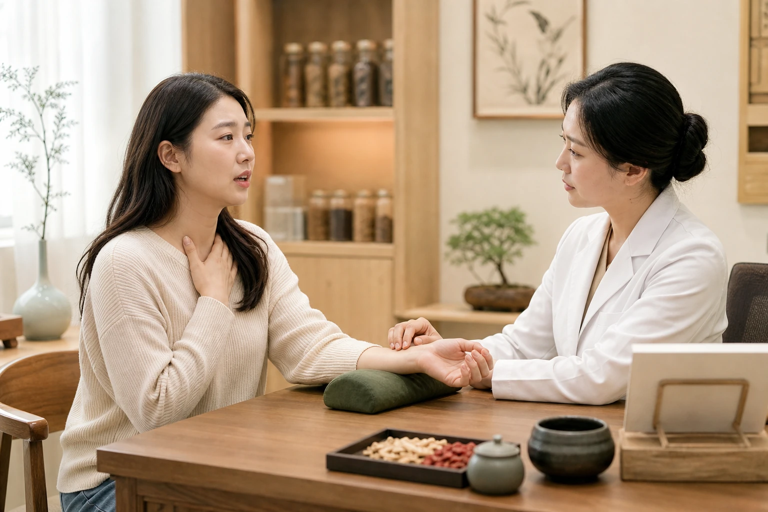 젊은 한국인 여성 환자가 열감·식은땀·불면을 설명하고 여성 한의사가 손목 맥을 확인하는 진료 장면