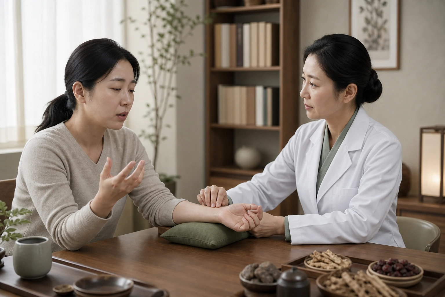 새벽마다 깨는 한국인 성인 환자와 한의사가 수면 흐름과 낮 피로를 정리하고 손목 맥을 확인하는 진료 장면