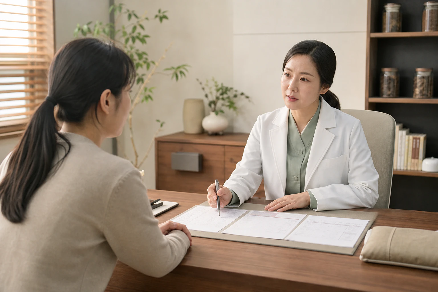 한국인 여성 환자와 여성 한의사가 갑상선·프로락틴·혈당 검사 이력을 펼쳐 놓고 수면과 냉열 변화를 문진하는 장면