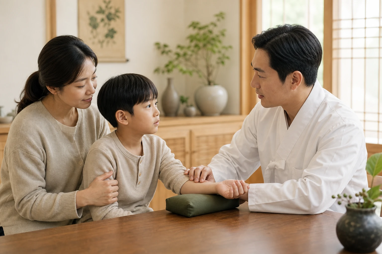 한국인 보호자와 학령기 아이가 한의사와 밤중 배뇨·수면·갈증 흐름을 차분히 확인하는 소아 진료 장면