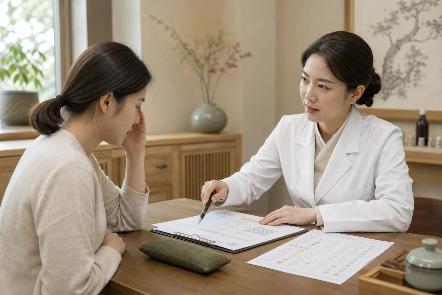 한국인 여성 환자와 여성 한의사가 프로락틴 검사표와 복용약 목록을 펼쳐 놓고 수면·두통 변화를 문진하는 장면