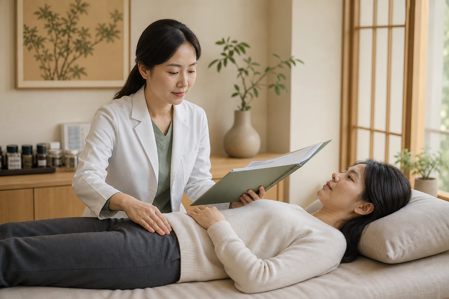 여성 한의사가 한국인 여성 환자의 하복부 긴장을 진찰하고 이식 기록을 함께 확인하는 장면