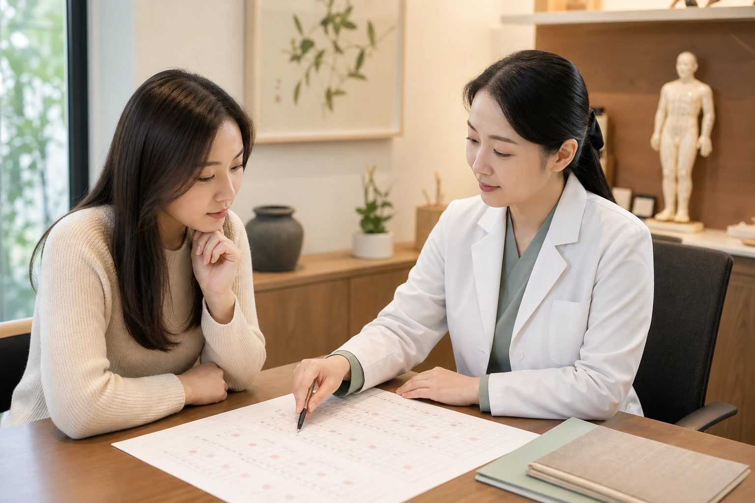 한국인 여성 환자와 여성 한의사가 여러 달의 들쭉날쭉한 주기표를 책상에 펼쳐 놓고 함께 정리하는 진료 장면