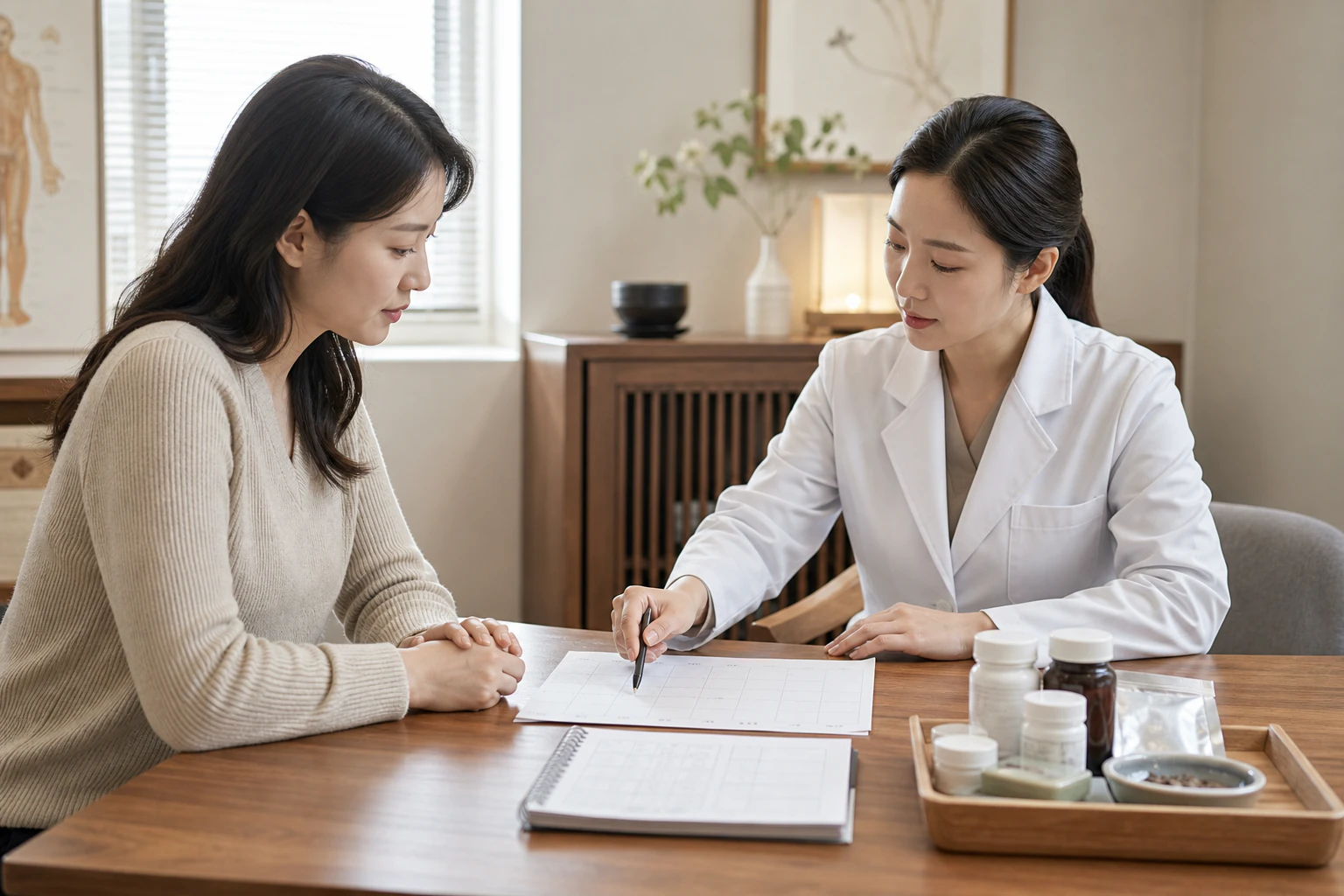 한국인 여성 환자와 여성 한의사가 시술 달력·복용약·수면 기록을 책상에서 함께 정리하는 장면