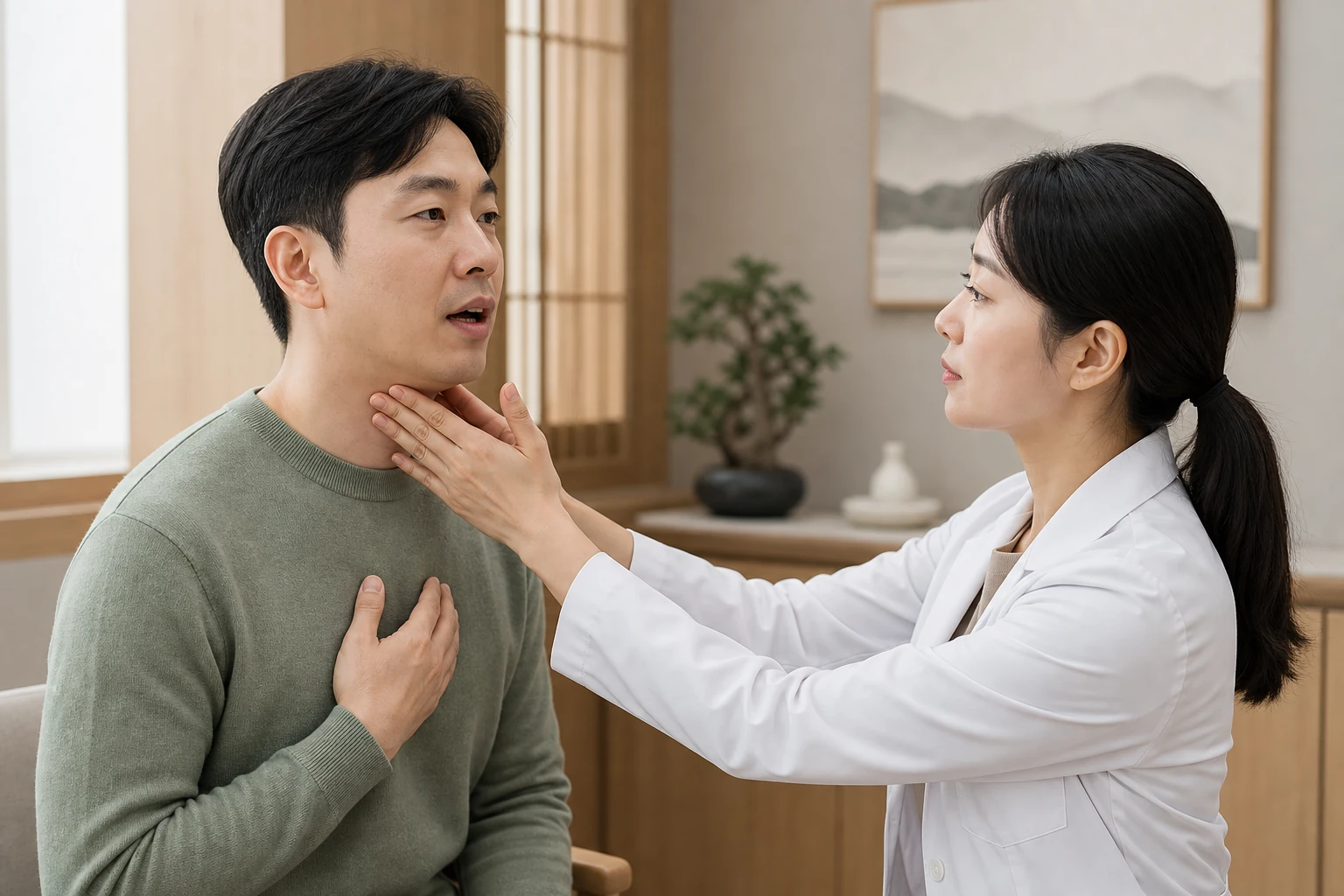 쉰 목소리의 한국인 성인 환자에게 한의사가 목 앞과 턱 아래 긴장을 확인하고 발성·기침 변화를 문진하는 진료 장면