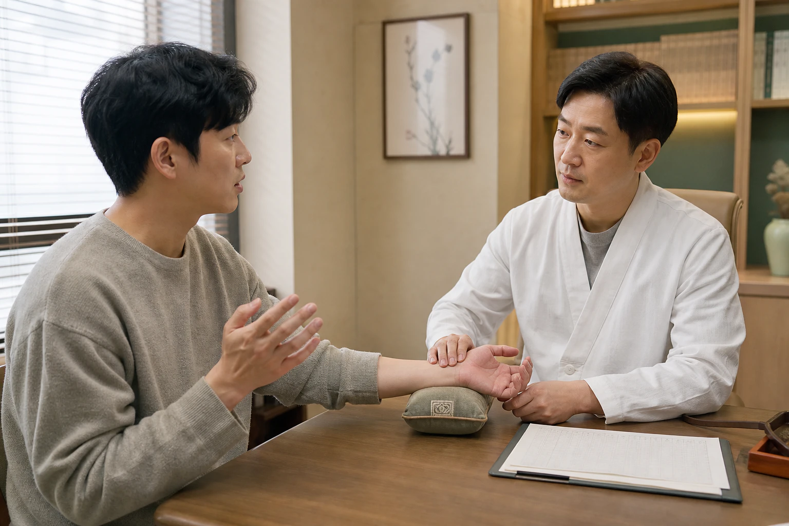 한국인 남성 환자가 수면·음주·운동 습관을 설명하고 한의사가 손목 맥을 확인하는 차분한 진료 장면