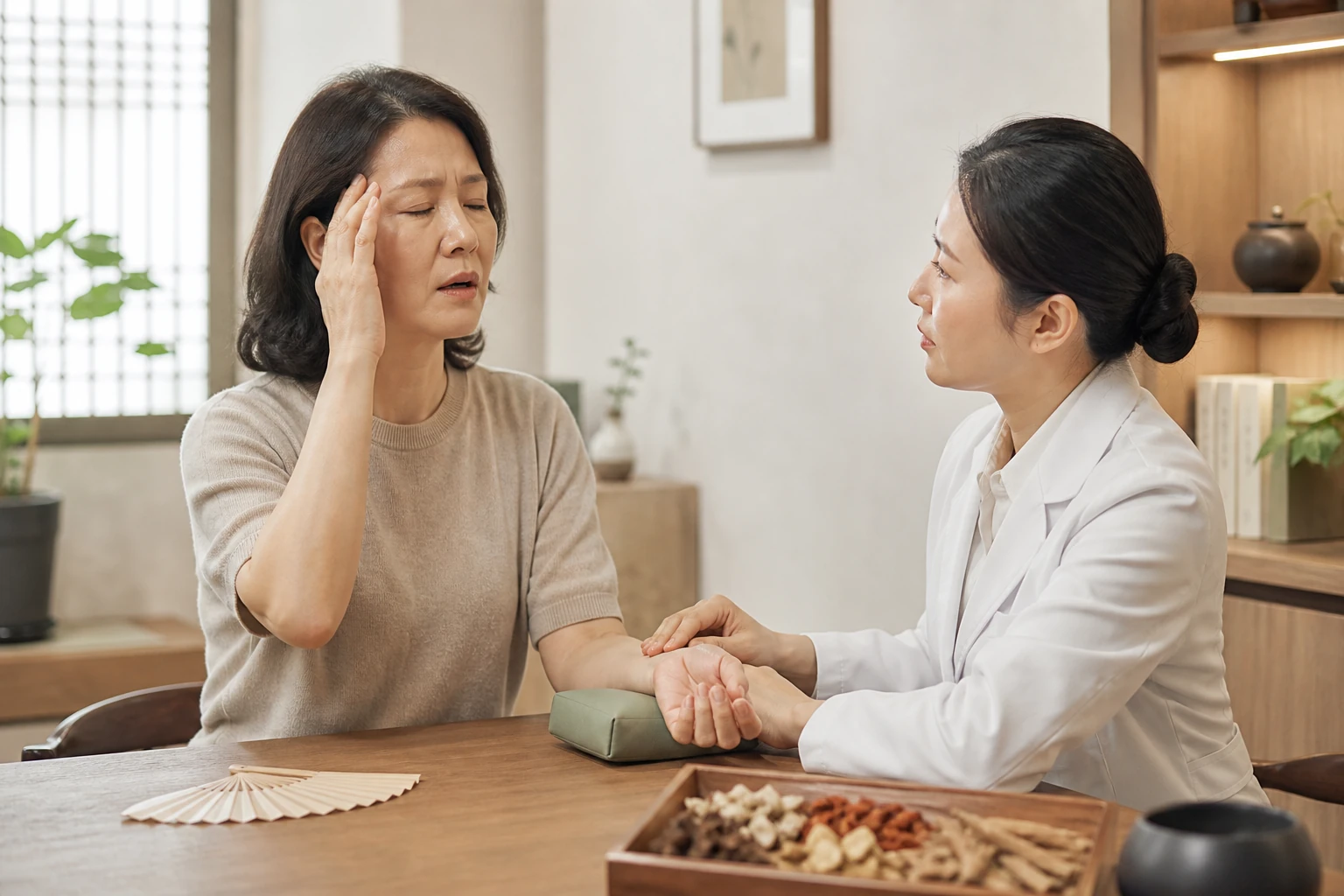 중년 한국인 여성 환자가 부채를 내려놓고 열감·불면을 설명하며 여성 한의사가 손목 맥을 확인하는 장면