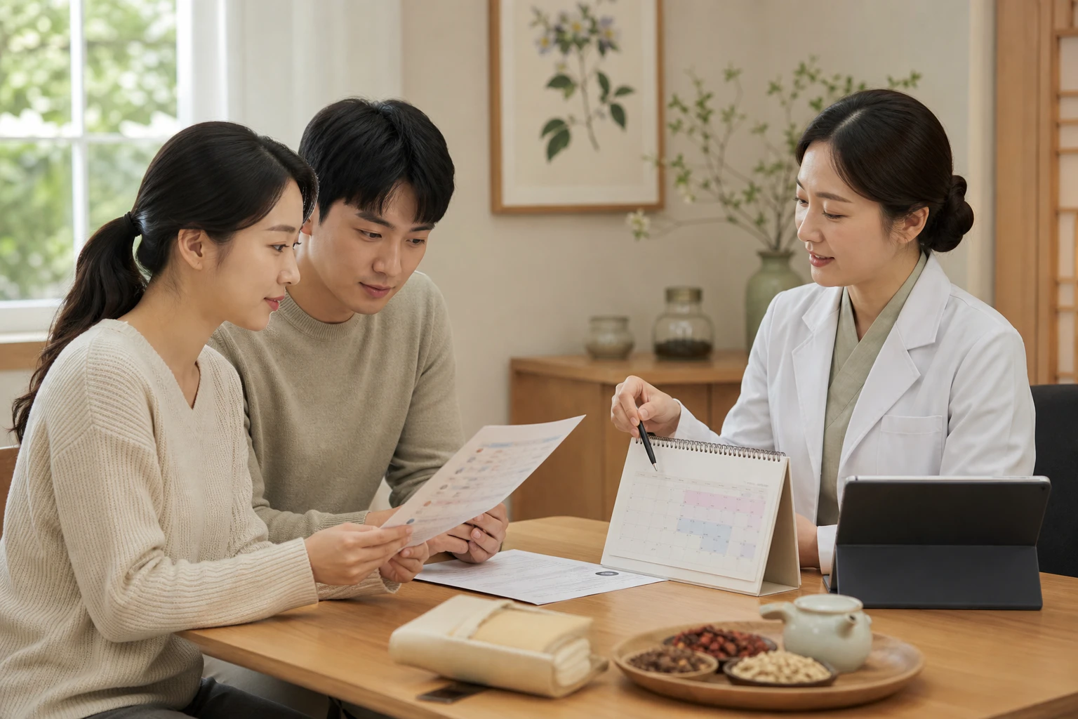한국인 부부가 여성 한의사와 월경주기·배란일·수면과 식사 기록을 차분히 검토하는 진료 장면