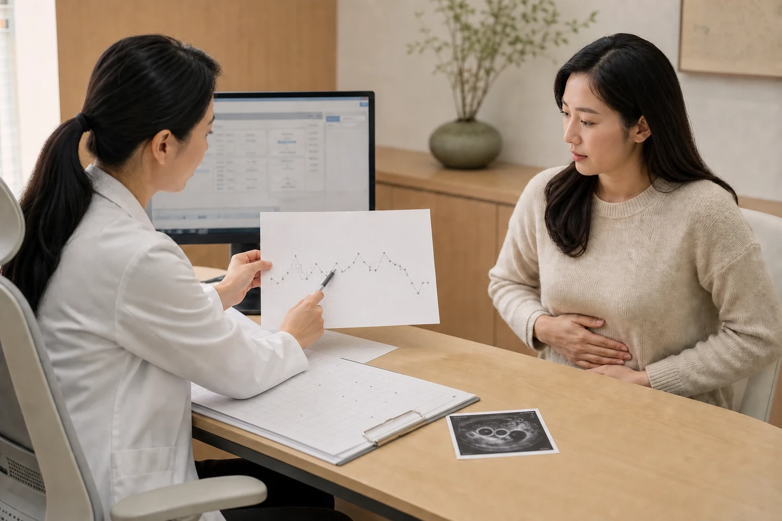 한국인 여성 환자와 여성 한의사가 기초체온표·배란검사·초음파 일정을 확인하면서 하복부 상태를 문진하는 장면