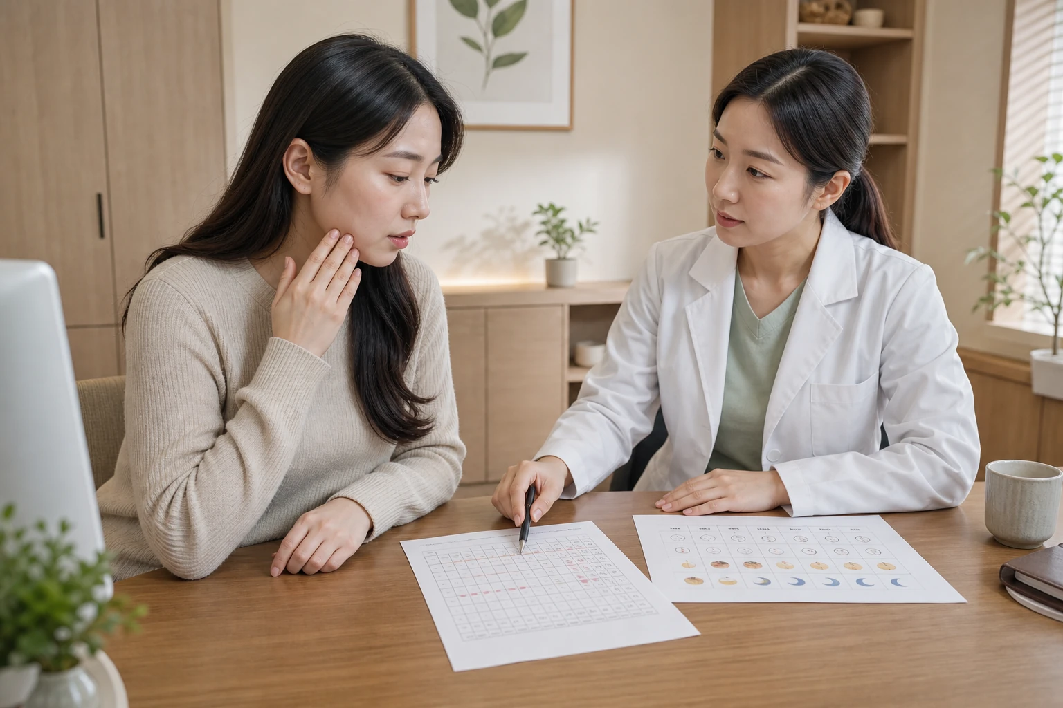 한국인 여성 환자와 여성 한의사가 불규칙 월경·피부 변화·식욕·수면 기록을 책상에서 함께 검토하는 진료 장면