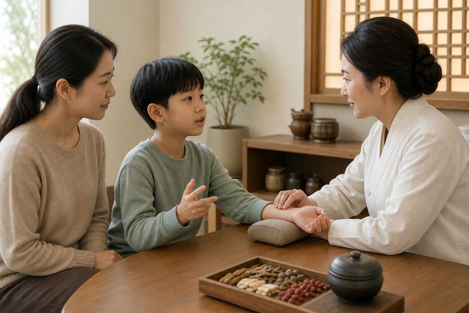 한국인 보호자와 학령기 아이가 한의사에게 학교와 외출 중 잦은 소변 상황을 설명하고 손목 맥을 확인받는 장면