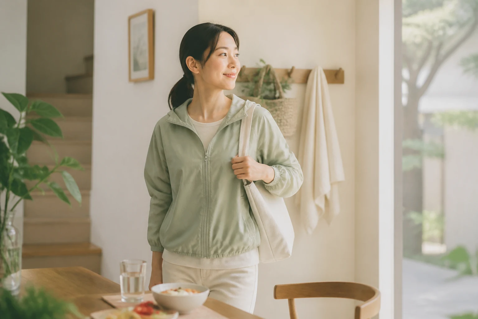 한국인 여성 환자가 밝은 집에서 규칙적인 아침 식사를 마치고 가벼운 산책을 준비하는 회복 생활 장면
