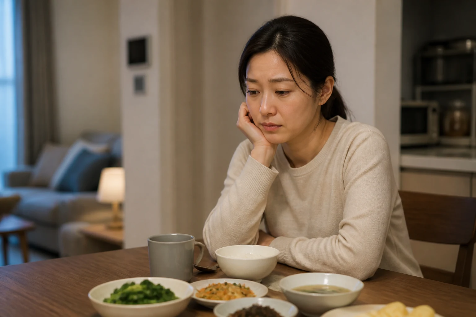 결과 확인 뒤 집 식탁에서 식사를 멈추고 다음 일정을 고민하는 한국인 여성 한 명의 생활 장면