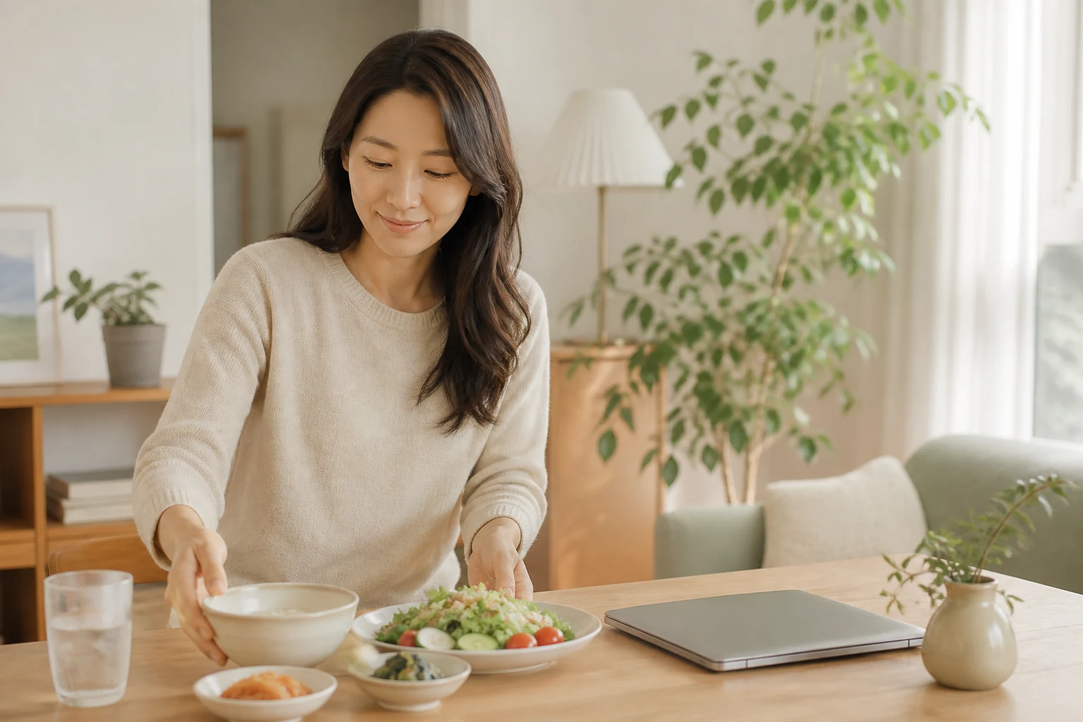 충분히 쉰 한국인 여성 환자가 밝은 집에서 간단한 식사를 차리고 일상 업무로 돌아오는 회복 장면