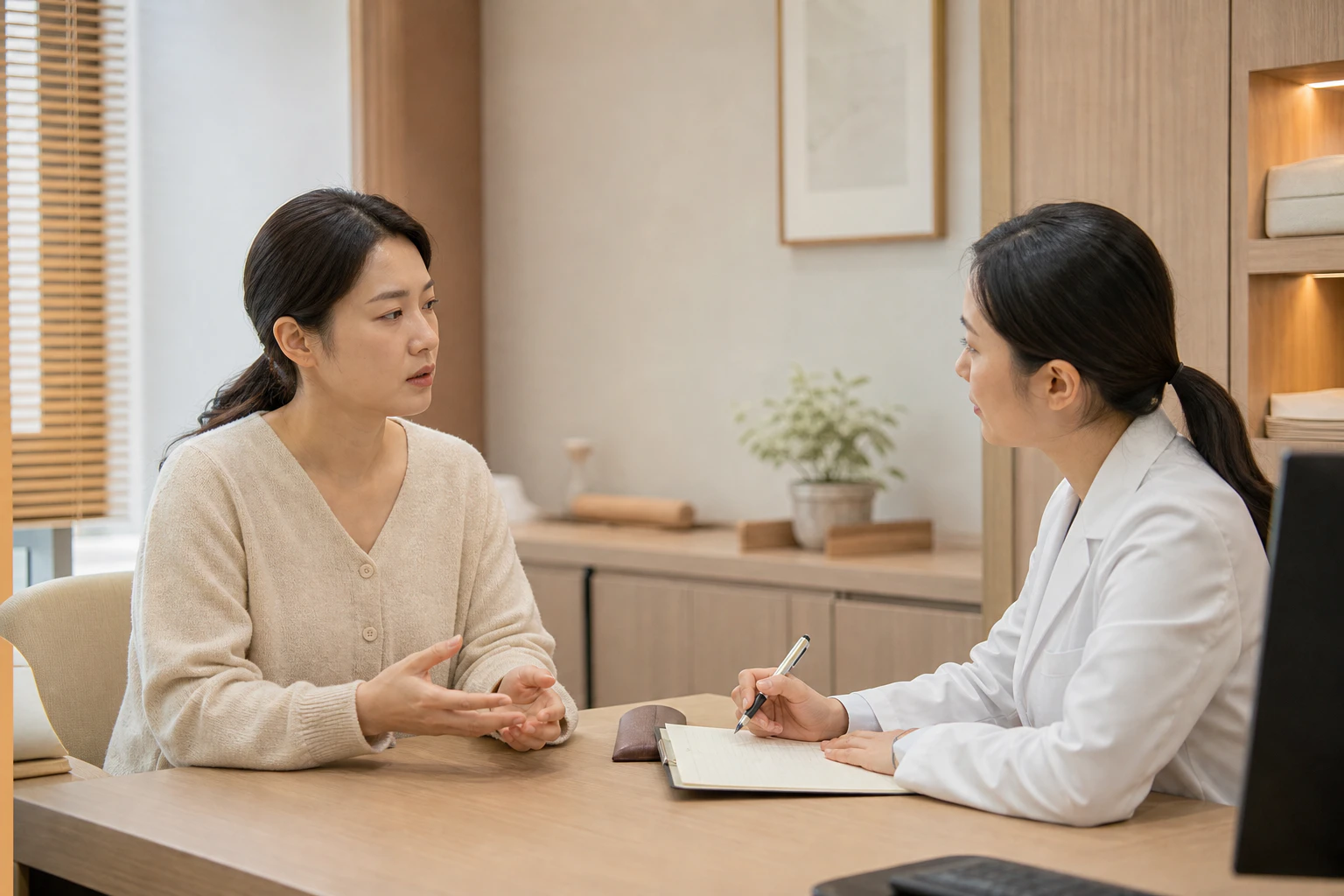 지치고 가라앉은 기분을 설명하는 한국인 산모에게 여성 한의사가 차분히 귀 기울이며 수면과 식사 변화를 문진하는 진료 장면
