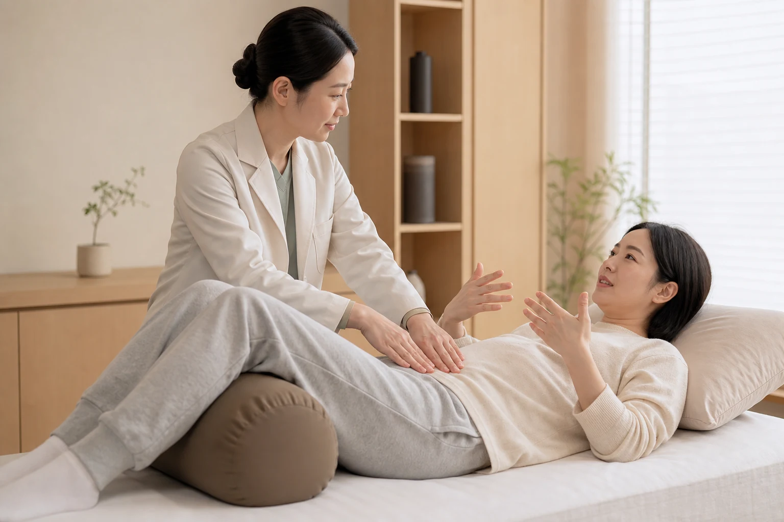 여성 한의사가 한국인 산모의 하복부와 골반 주변 긴장을 복진하고 걷기와 자세에서 남는 통증을 문진하는 장면