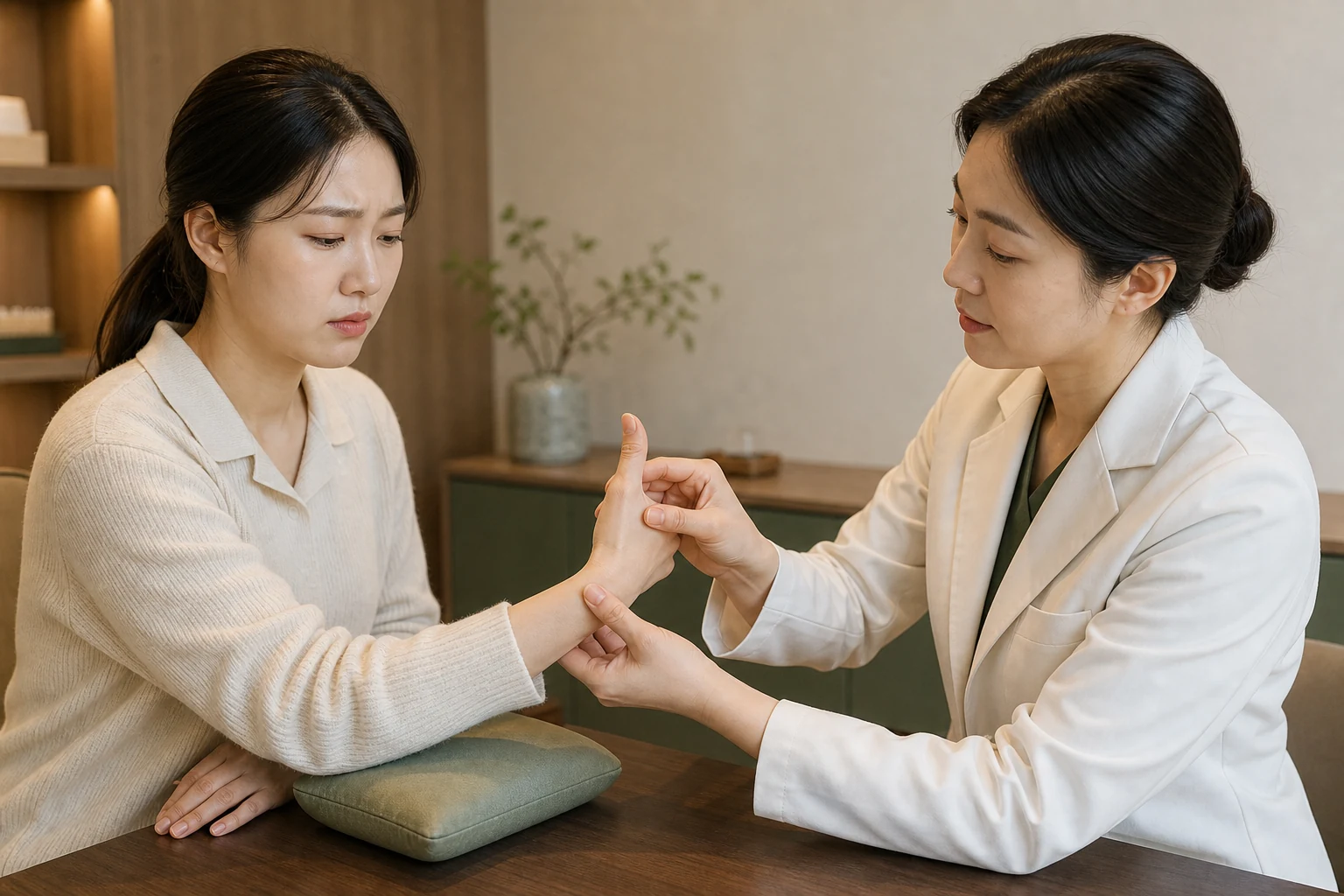 여성 한의사가 아기를 안을 때 아픈 한국인 산모의 손목 각도와 엄지 움직임을 부드럽게 진찰하는 장면