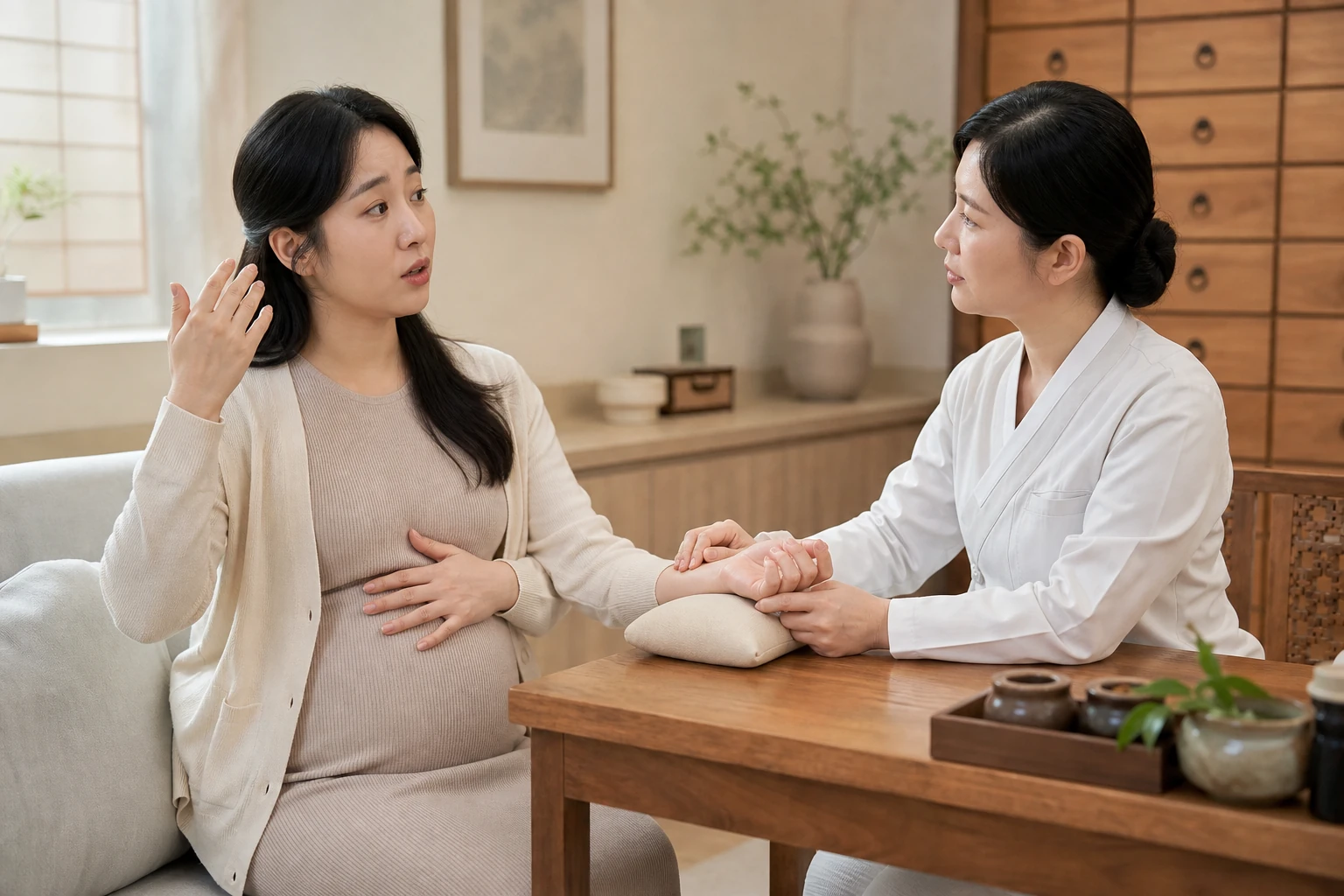 밤에 자주 깨는 한국인 임산부가 수면 자세와 태동·속쓰림을 설명하고 여성 한의사가 손목 맥을 확인하는 장면