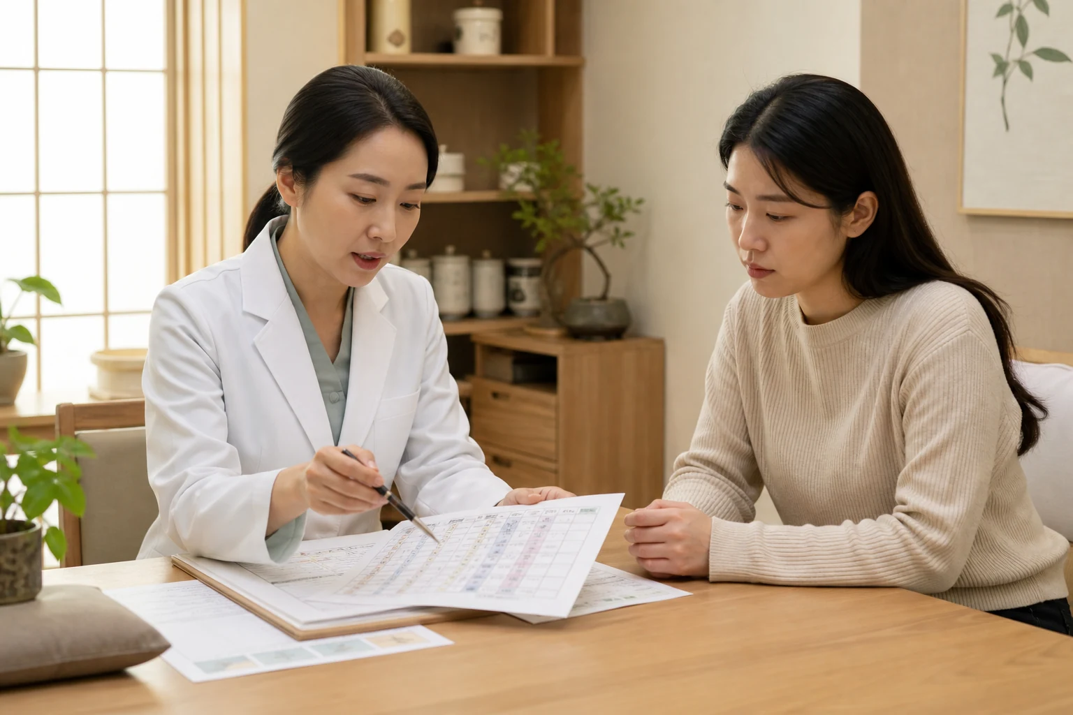 여성 한의사가 여러 차례의 이식 기록과 증상 시간표를 한국인 여성 환자와 나란히 비교하는 진료 장면