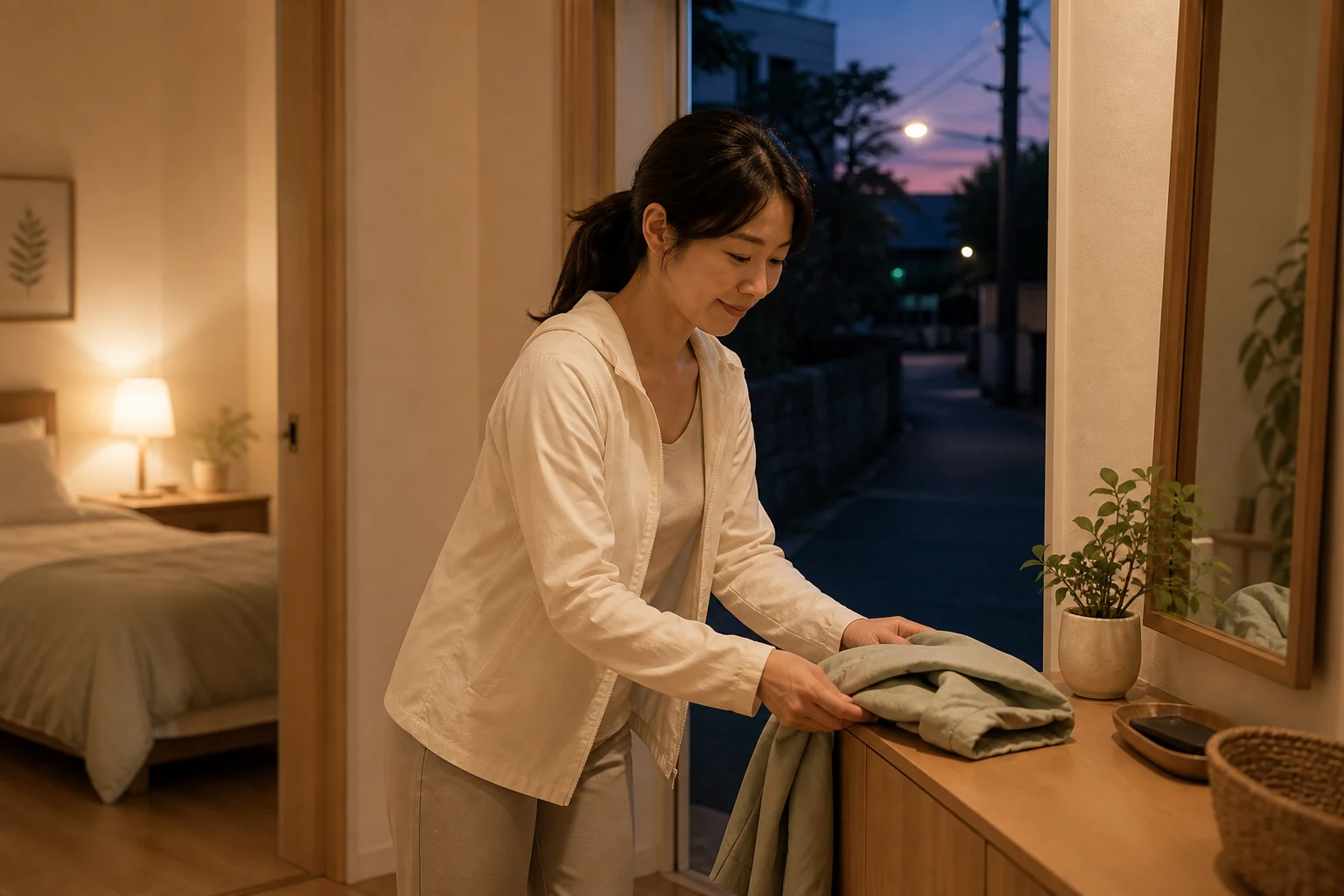 한국인 여성 환자가 해 질 무렵 일정한 취침 준비를 이어 가는 회복 생활 장면