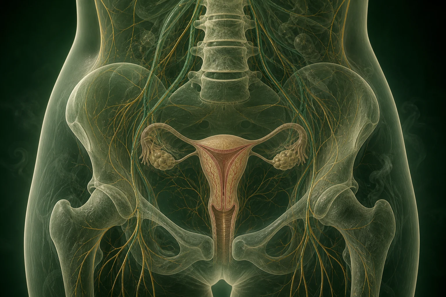 자궁내막얇음의 원인과 변화가 여성 생식기관과 관련 신호에 미치는 관계를 보여 주는 질환별 의료 렌더