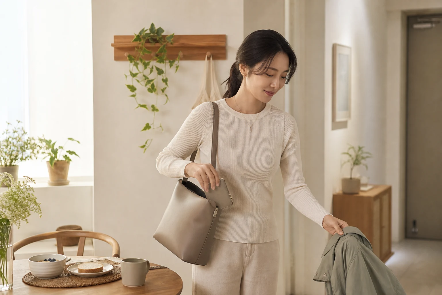 아침 식사를 마친 한국인 여성 환자가 가방을 챙겨 무리 없이 외출을 준비하는 회복 생활 장면