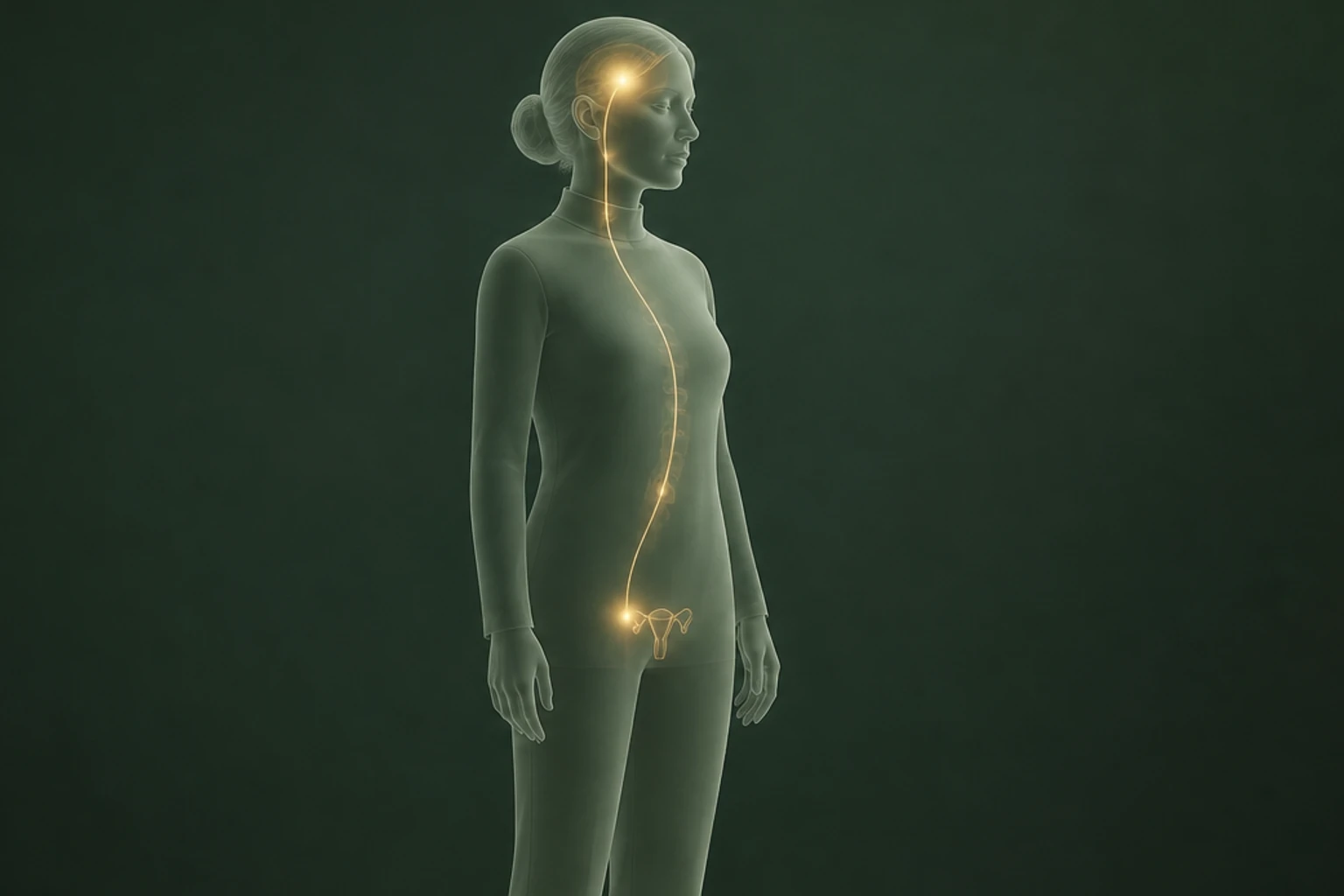 여성의 머리부터 골반까지 이어지는 수면·긴장 신호와 자궁의 관계를 보여 주는 의료 렌더