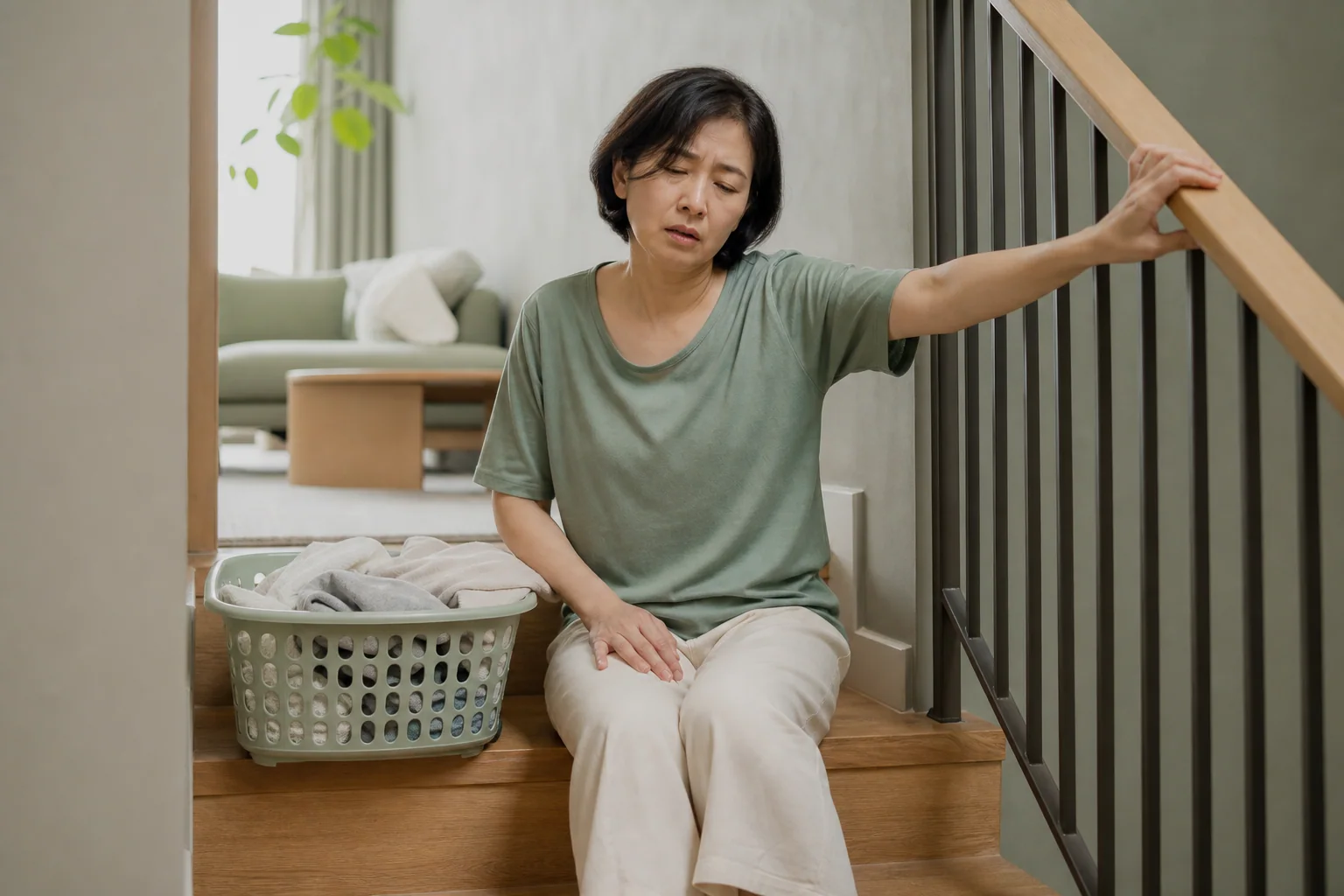자궁근종으로 생리량이 많고 어지럼·피로가 심한 한국인 여성 한 명이 빨래를 옮기다 계단에서 쉬는 생활 장면