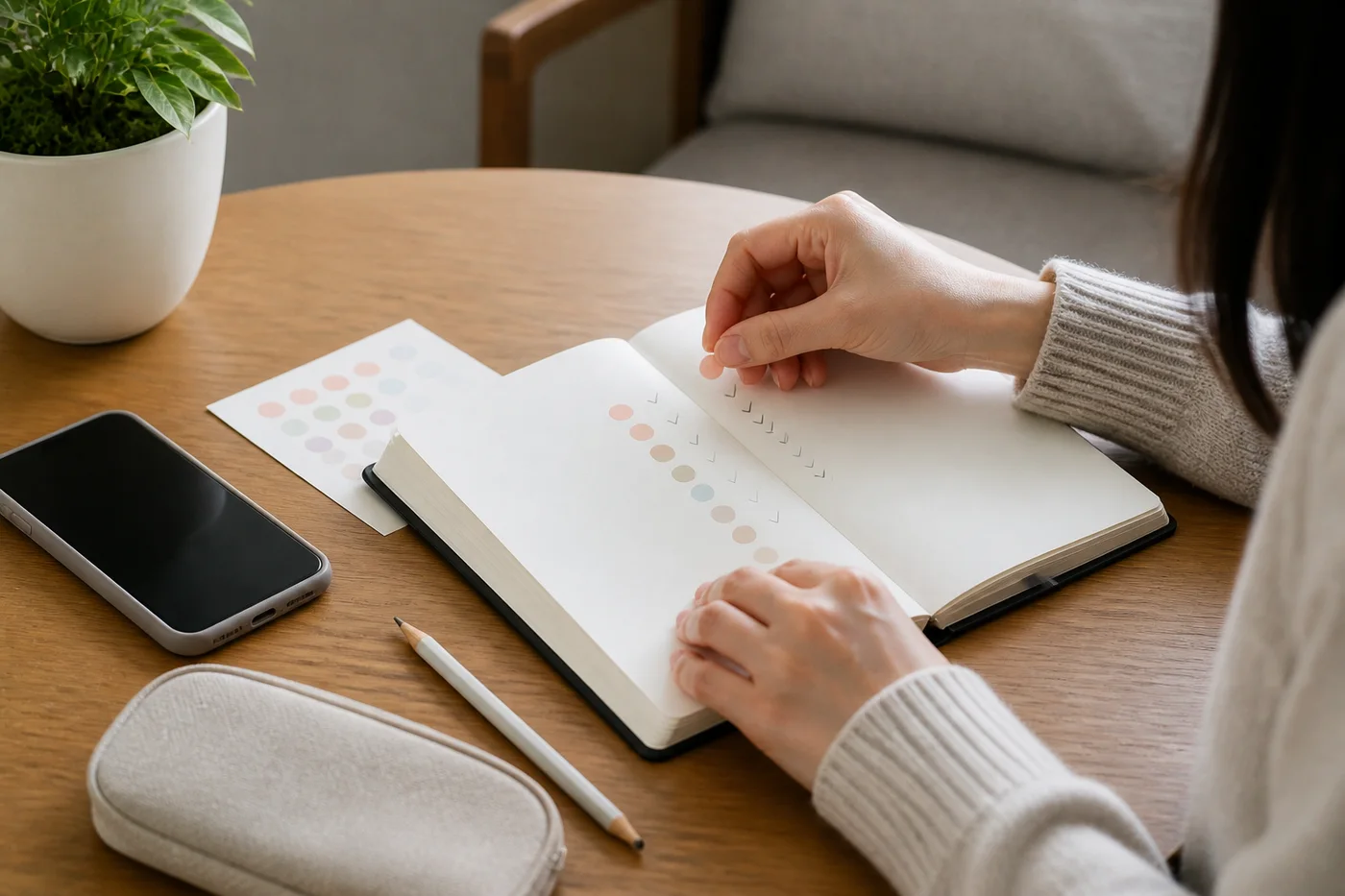 자궁근종 상담 전 생리량과 골반압박 증상을 빈 기록장에 표시하는 장면