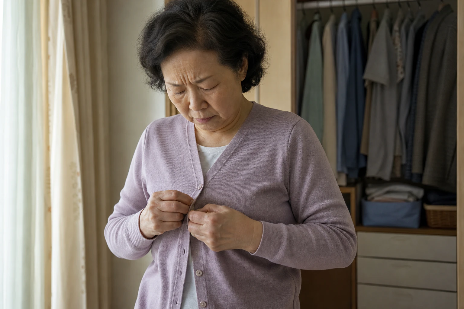 손가락 관절이 붓고 뻣뻣해 아침에 카디건 단추를 채우다 멈춘 한국인 여성 한 명의 장면