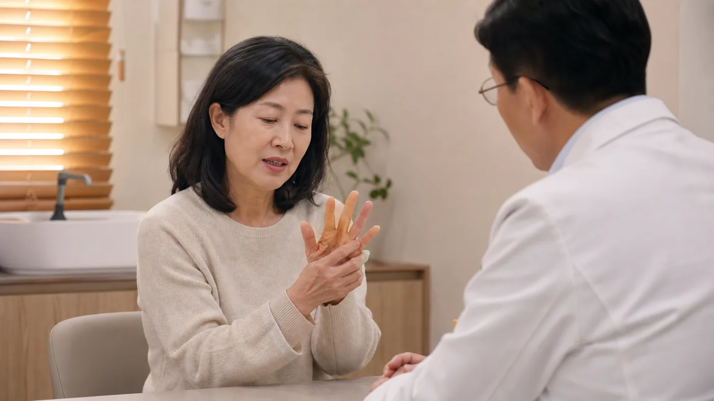 한국인 손가락관절염 환자가 국내 한의원 상담실에서 손가락 마디 통증과 뻣뻣함을 설명하는 장면