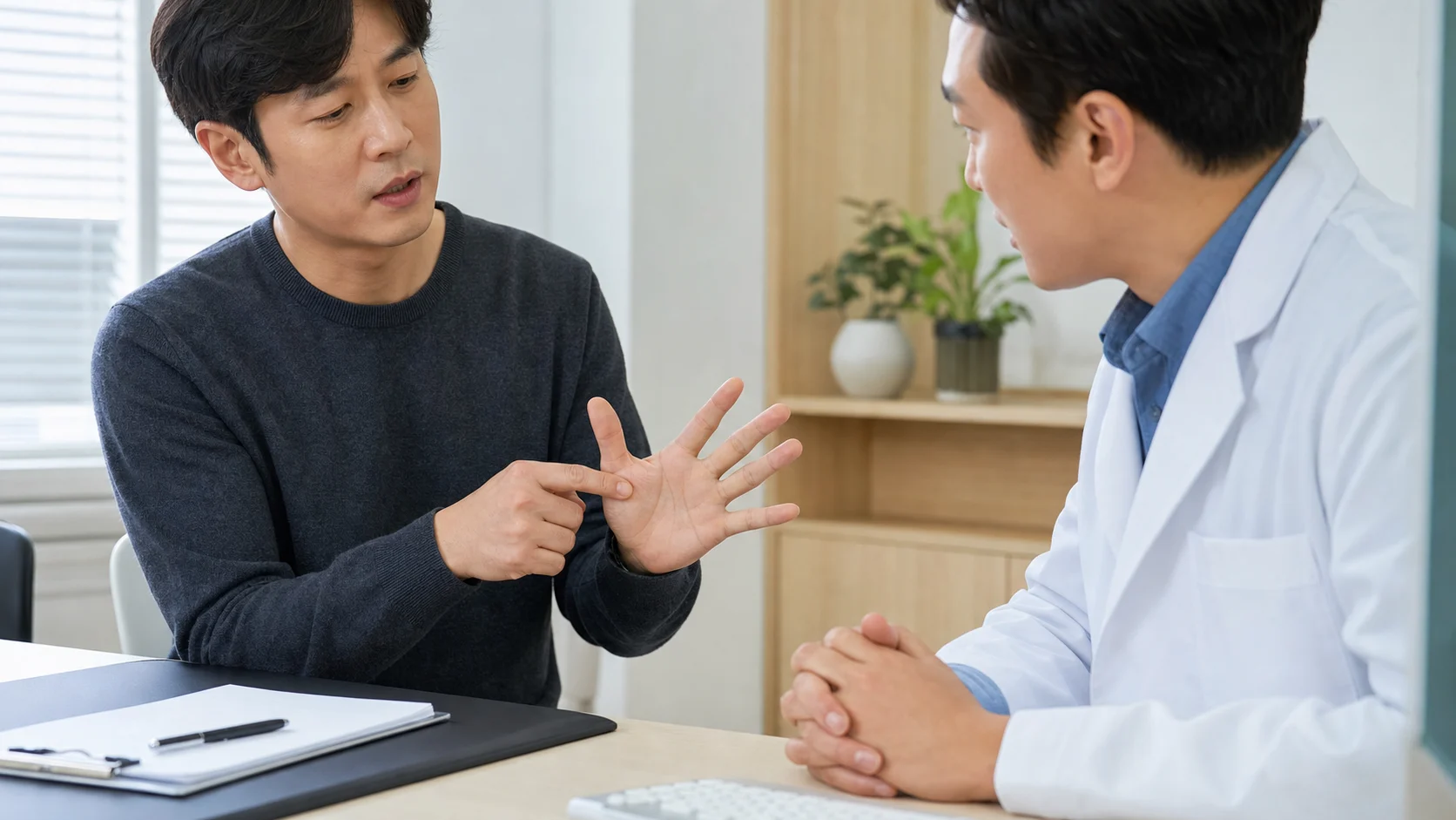 한국인 손가락건초염 환자가 손바닥 쪽 손가락 기저부 통증과 걸림을 국내 진료실에서 상담하는 장면