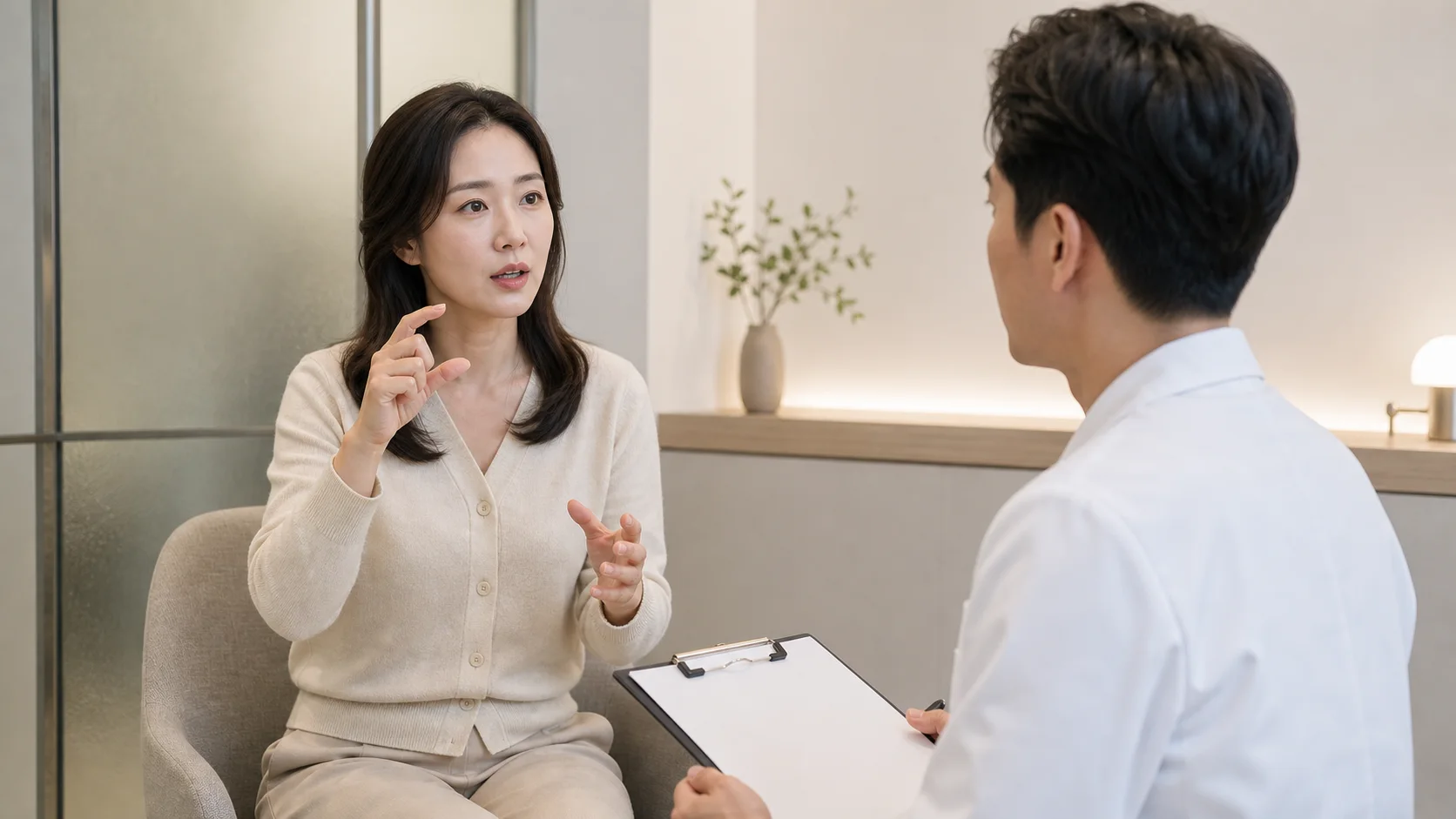 비문증으로 떠다니는 점과 시야 불편을 손짓으로 설명하는 한국인 환자와 의료진의 초진 상담 장면