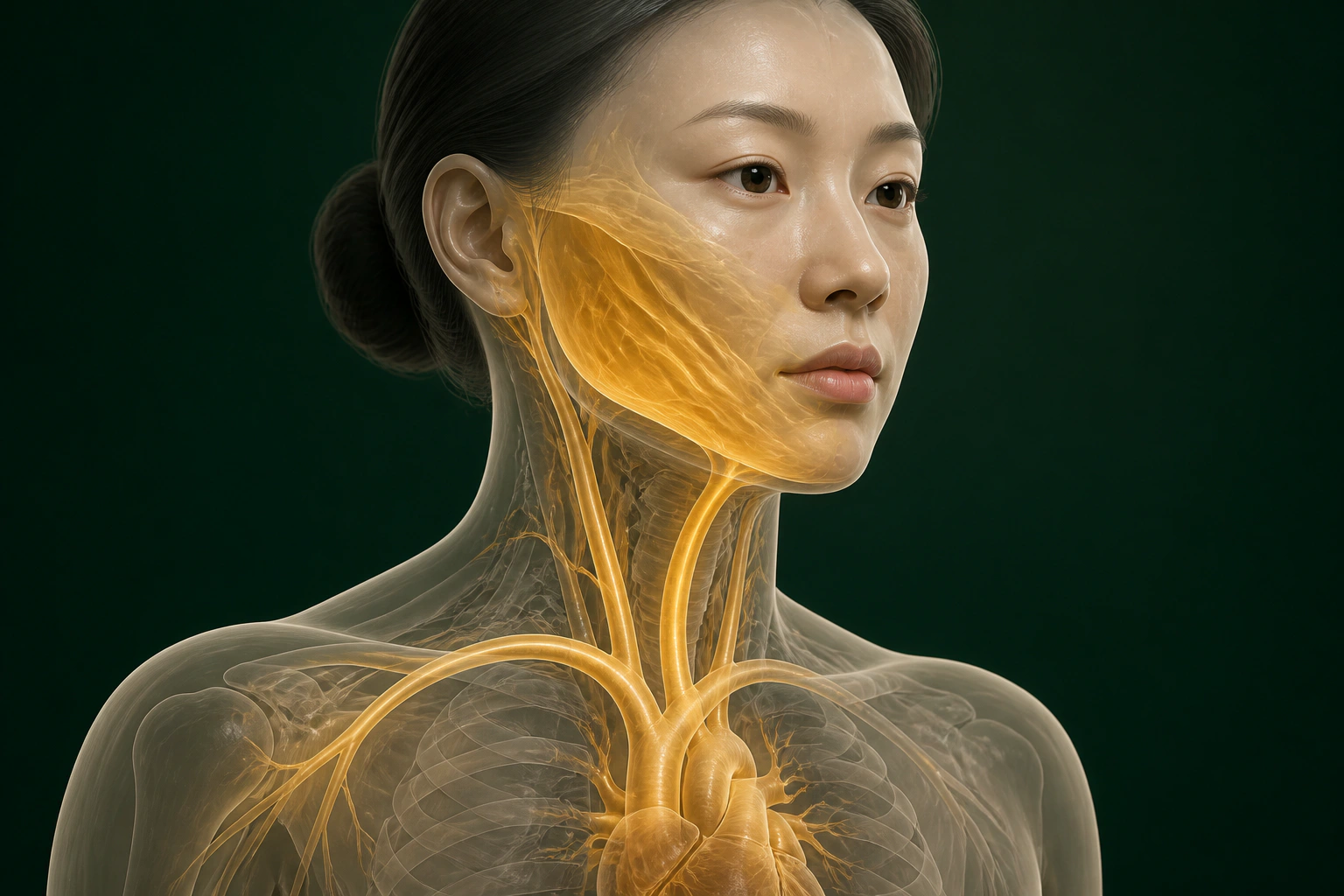 한쪽 볼과 턱의 혈류·조직액 이동을 표현한 안면감각이상 물질 흐름 이미지