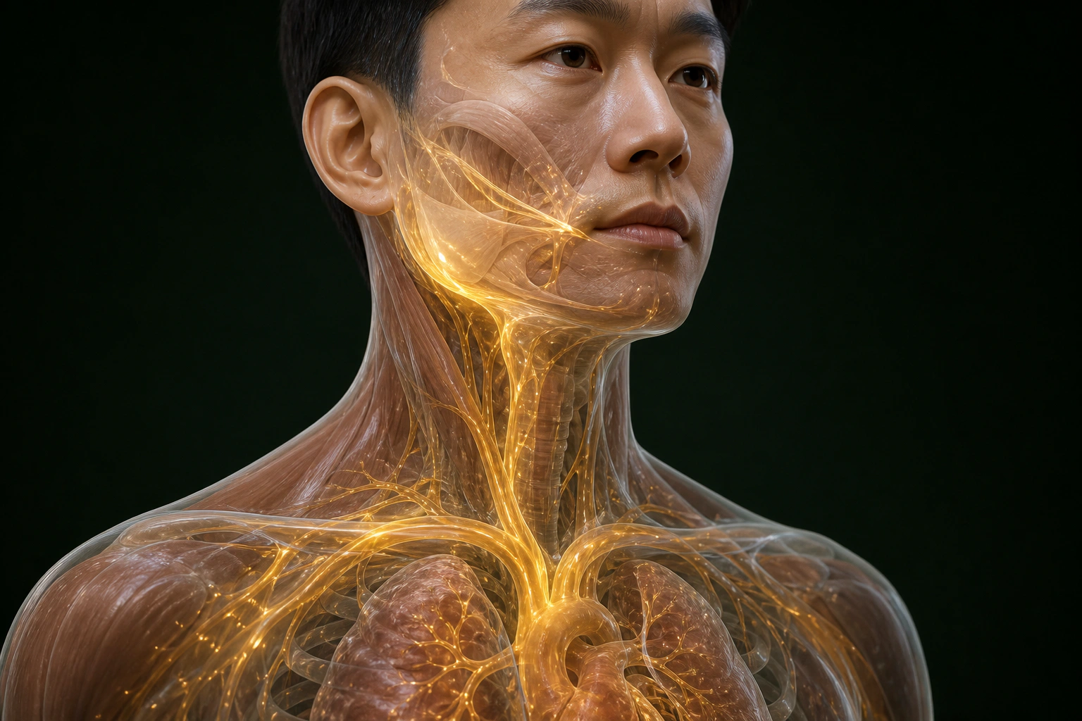 턱과 얼굴 근육의 혈류·조직액 이동을 표현한 삼차신경통 물질 흐름 이미지