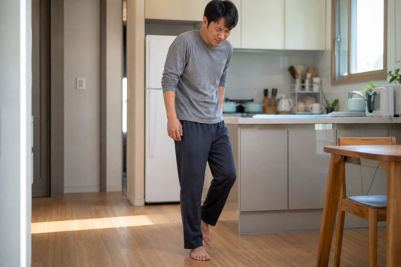 발바닥 통증 때문에 주방을 가로지르다 한쪽 발에 체중을 싣지 못하고 멈춘 한국인 남성 한 명의 장면