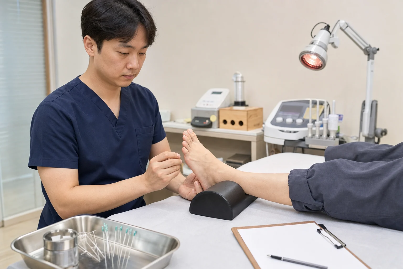 발 통증 치료계획표와 치료환경을 정리하는 국내 한의원 발 치료 장면